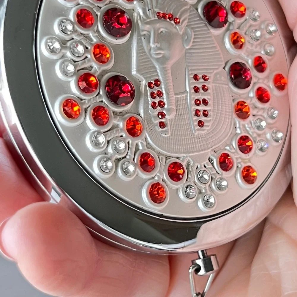 HAND MIRROR Egyptian Pharaoh Compact Magnified Purse silver-tone Rhinestones